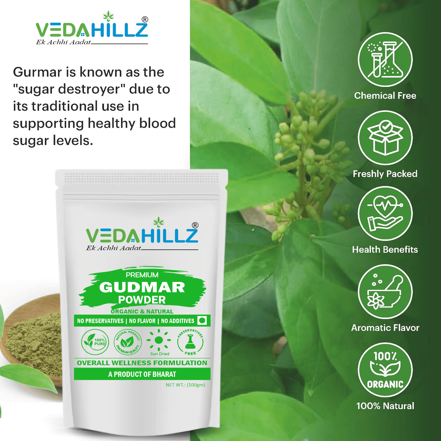 Vedahillz Pure Gudmar Powder Made from Natural Dried Gudmar Leaves